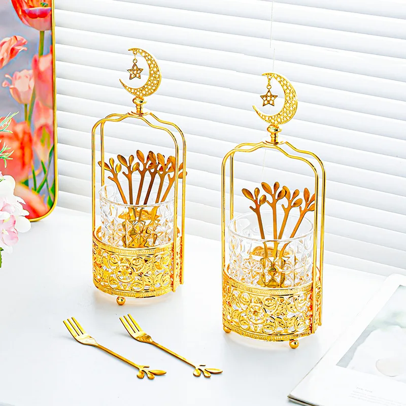 

Gold Moon Star Pattern Cutlery Storage Jar - Fruit Forks Spoons Holder for Party Gathering, Restaurant Dessert Cake Serving
