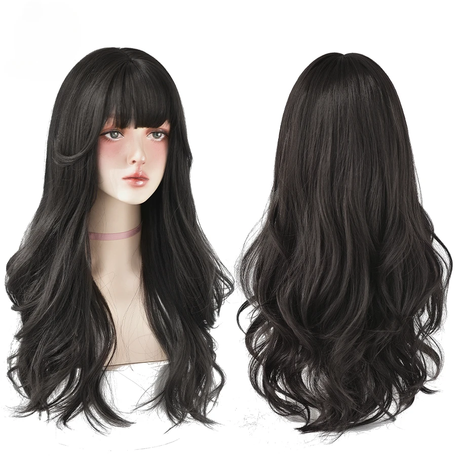 

Brown Ash Long Deep Wave Hair Lolita Bangs Synthetic For Women Fashion Thick Curls Wigs