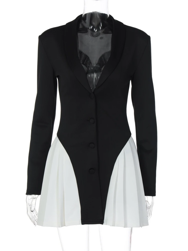 Robe Blazer courte en Patchwork pour femmes, Chic, manches longues, vêtements féminins, simple boutonnage, robes de soirée plissées, Streetwear, automne 2025