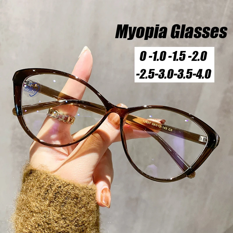 Blue Light Blocking Ladies Myopia Glasses Vintage Cat Eye Near Sight Eyeglasses Unisex Ultralight Prescription Minus Eyewear