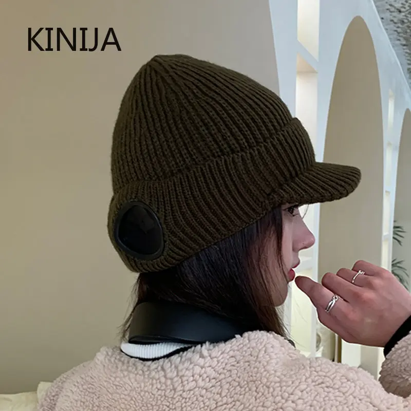 Pilot Glasses Knitted Hats for Women In Winter Outdoor Street Multipurpose Plush Warm Coldproof with Brim Beanies for Men Caps