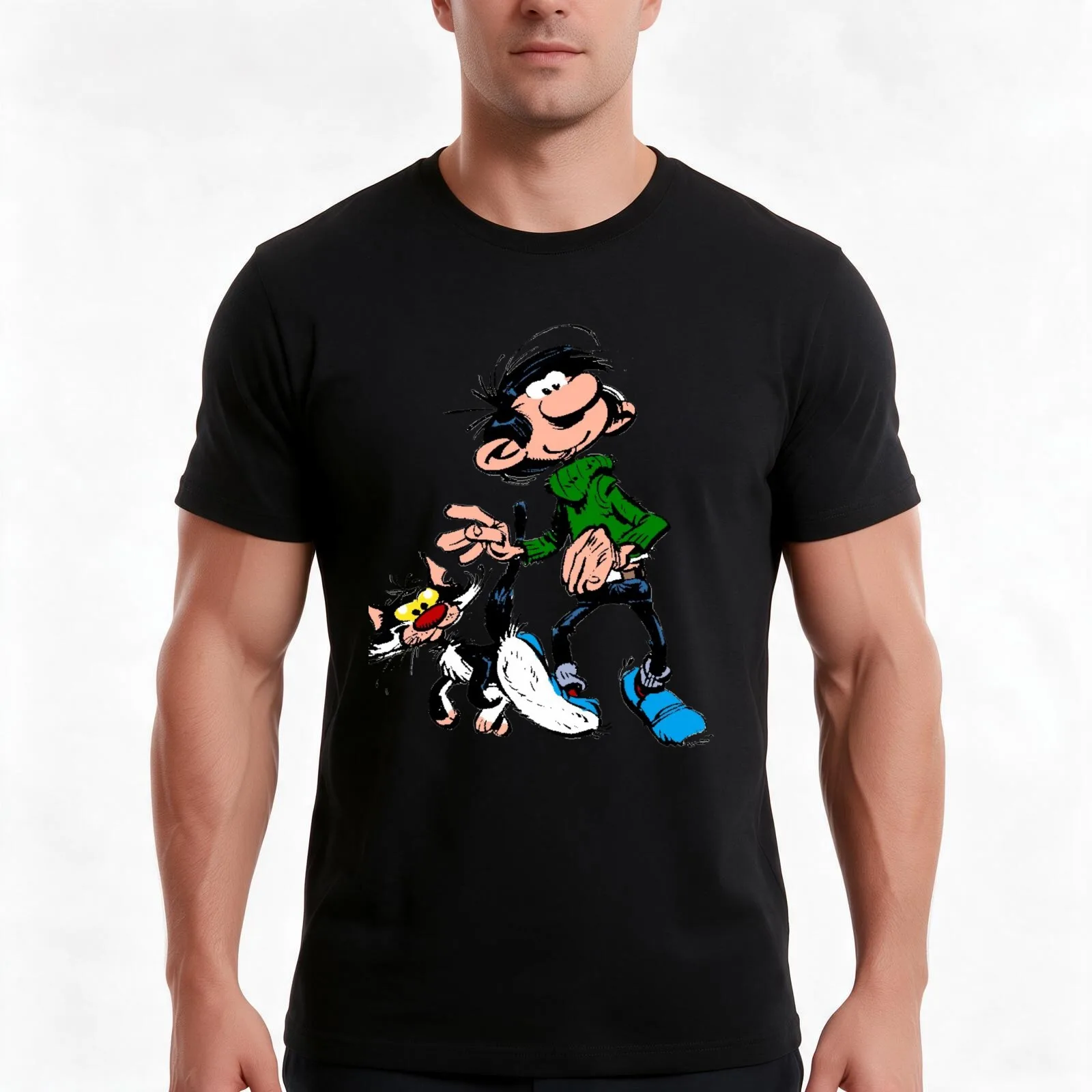 Gaston lagaffe T-Shirt, Summer Casual Cotton Tee, Oversized Streetwear Tops, Vintage Graphic Print, Loose Fit Short Sleeve