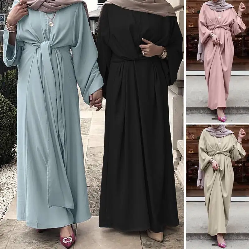 

Abaya мусульманская женская одежда однотонный халат с длинным рукавом свободное платье с круглым вырезом винтажный свободный кафтан цельный комплект платье 2024