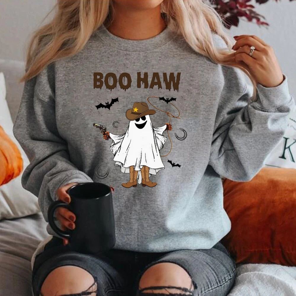Boo Haw Sweatshirt Funny Ghost Cowboy Shirt Western Halloween Sweatshirt Women Long Sleeve Pullover Spooky Fall Graphic Hoodies