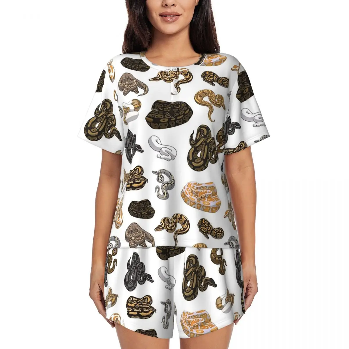 

Пижамный комплект для женщин: топ без рукавов с круглым вырезом и короткими рукавами, ночная рубашка с принтом под кожу питона, короткие штаны