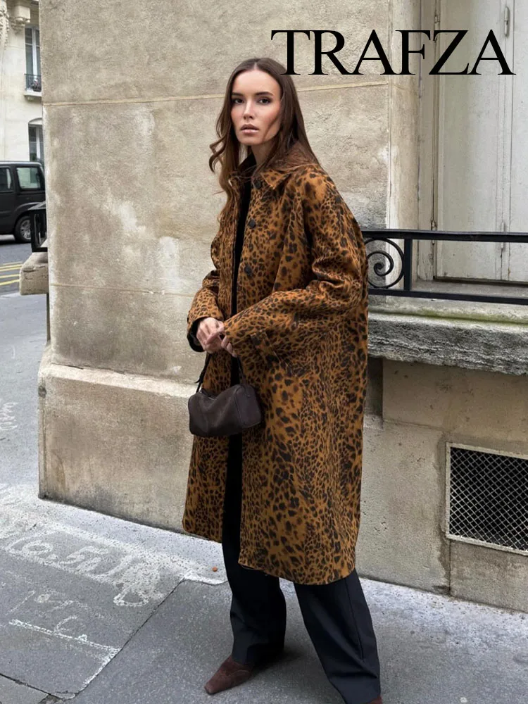 TRAFZA Women Fashion Leopard Print Lapel Jacket Coat Female Vintage Long Sleeve Hidden Buckle Pocket Loose Slim Overcoat TRAF