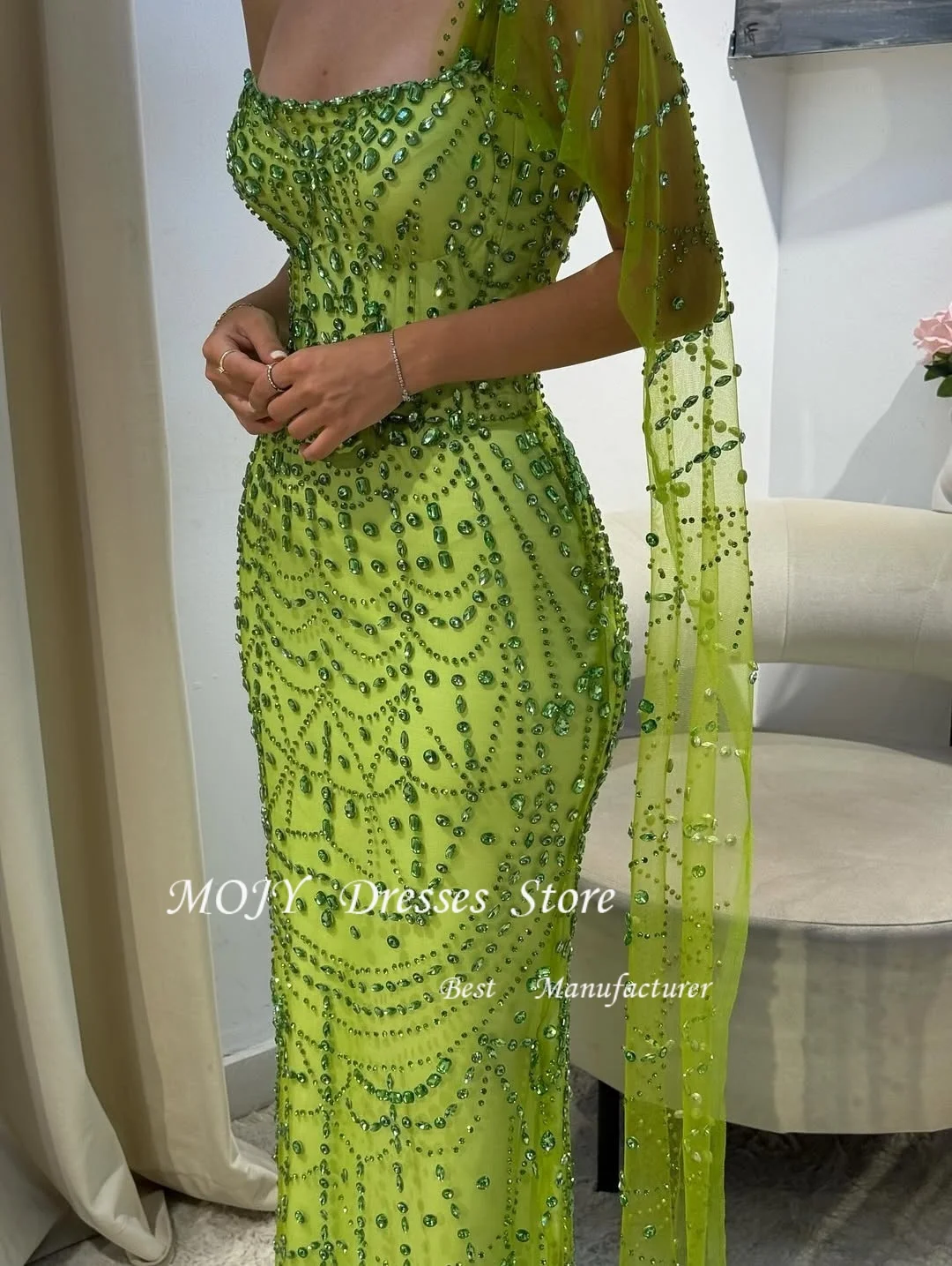 Mojy Green Mermaid Evening Dresses Long Sleeves Pearls Wedding Party Gowns Women Prom Dress Vestidos De Cóctel Customized