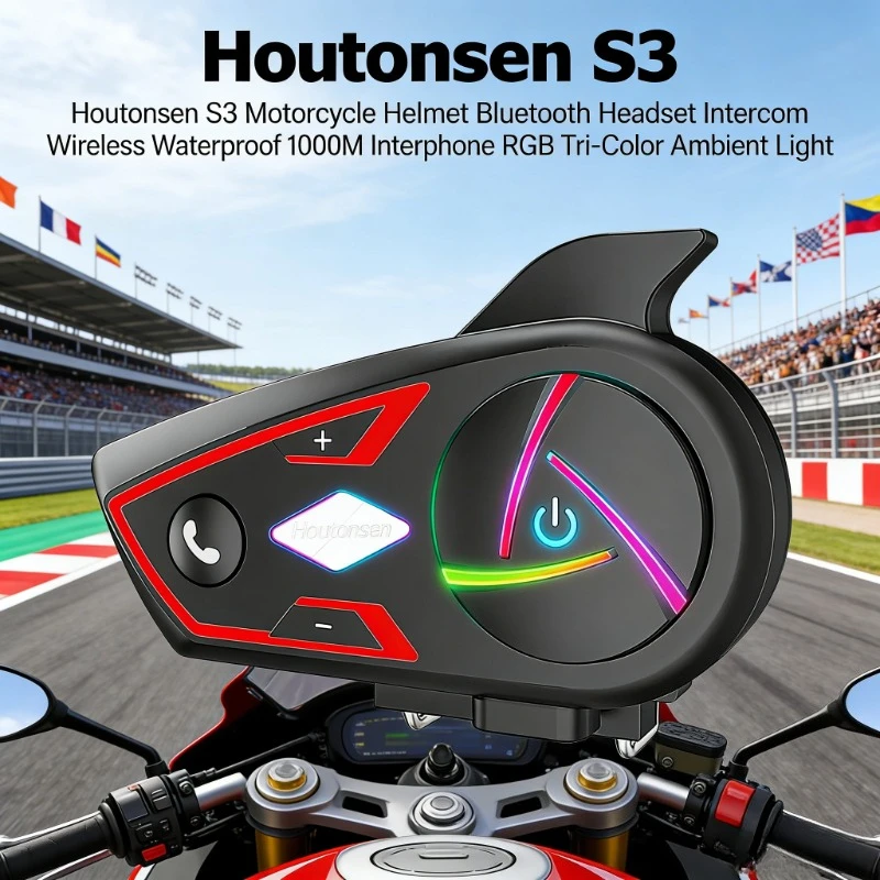Houtonsen S3 Bluetooth Motorcycle Helmet Headset 1000M Waterproof Intercom RGB Tri-Color Ambient Light Interphone