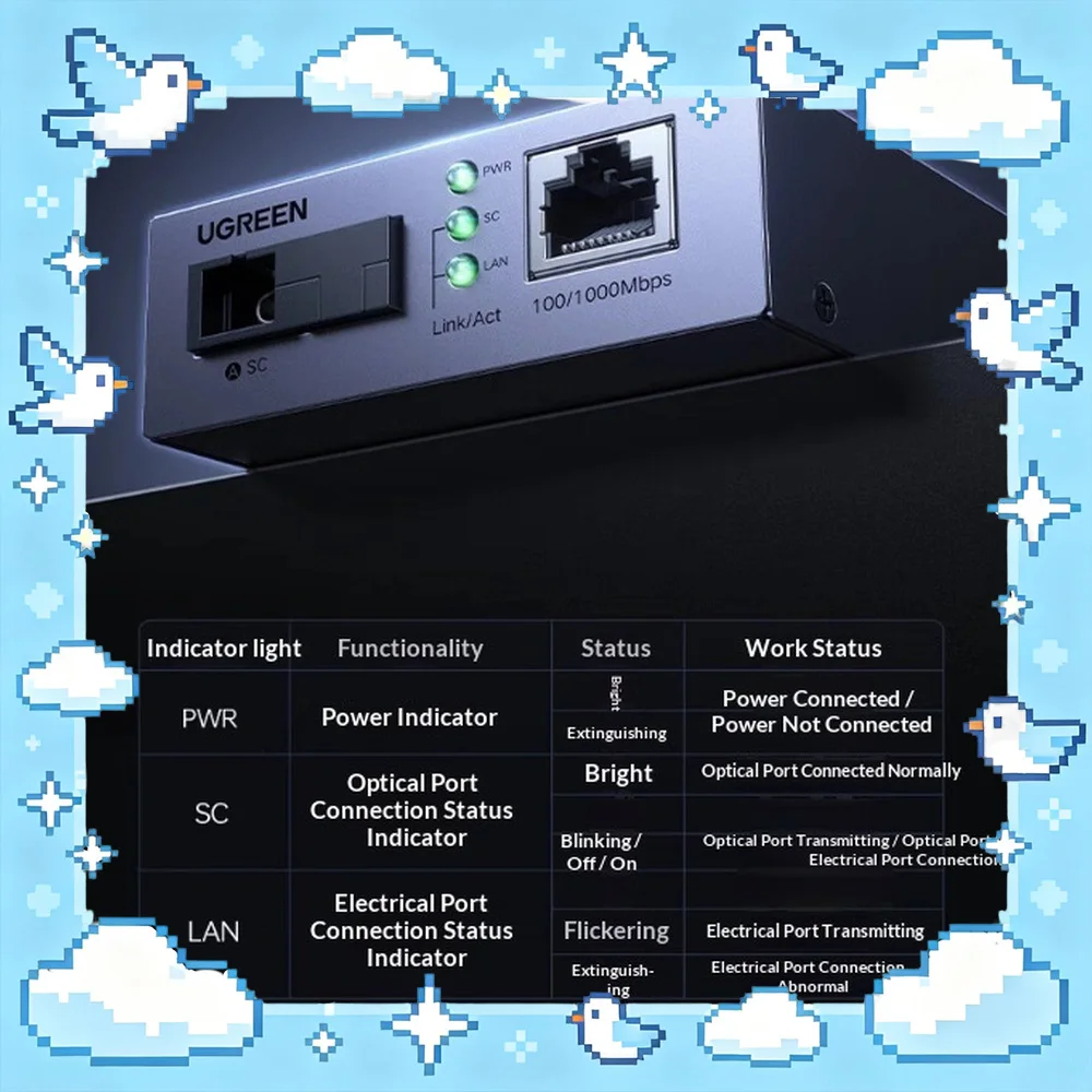 UGREEN 65665 CM330 Gigabit Single Mode Single Fiber Optic Transceiver SC 3km Ethernet Converter with Surge Protection