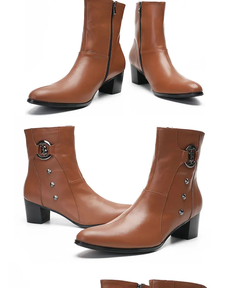 Frühling andAutumn Männer hochhackigen Quadratische kopf Bühne Laufsteg Hochzeit Stiefel top schicht rindsleder Starke Ferse Partei Heighten männer der Stiefel – Detail 3