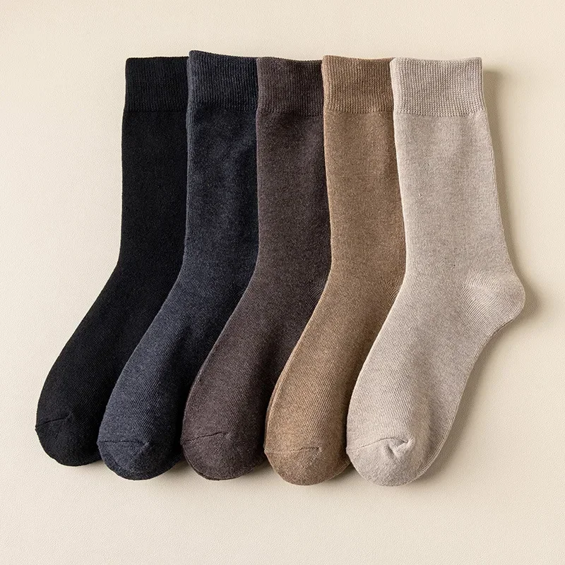 

5PCS Mens Socks Winter Plush Thickened Warm Looped Men Sweat-absorbing Pure Cotton Non Odorous Foot Solid Color Mid Tube Socks