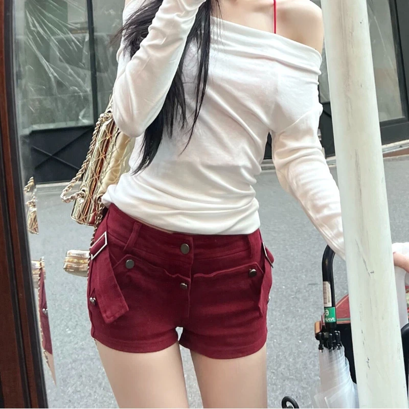 

American Red Denim Shorts Women's Low Waist Sweet and Slim Hips