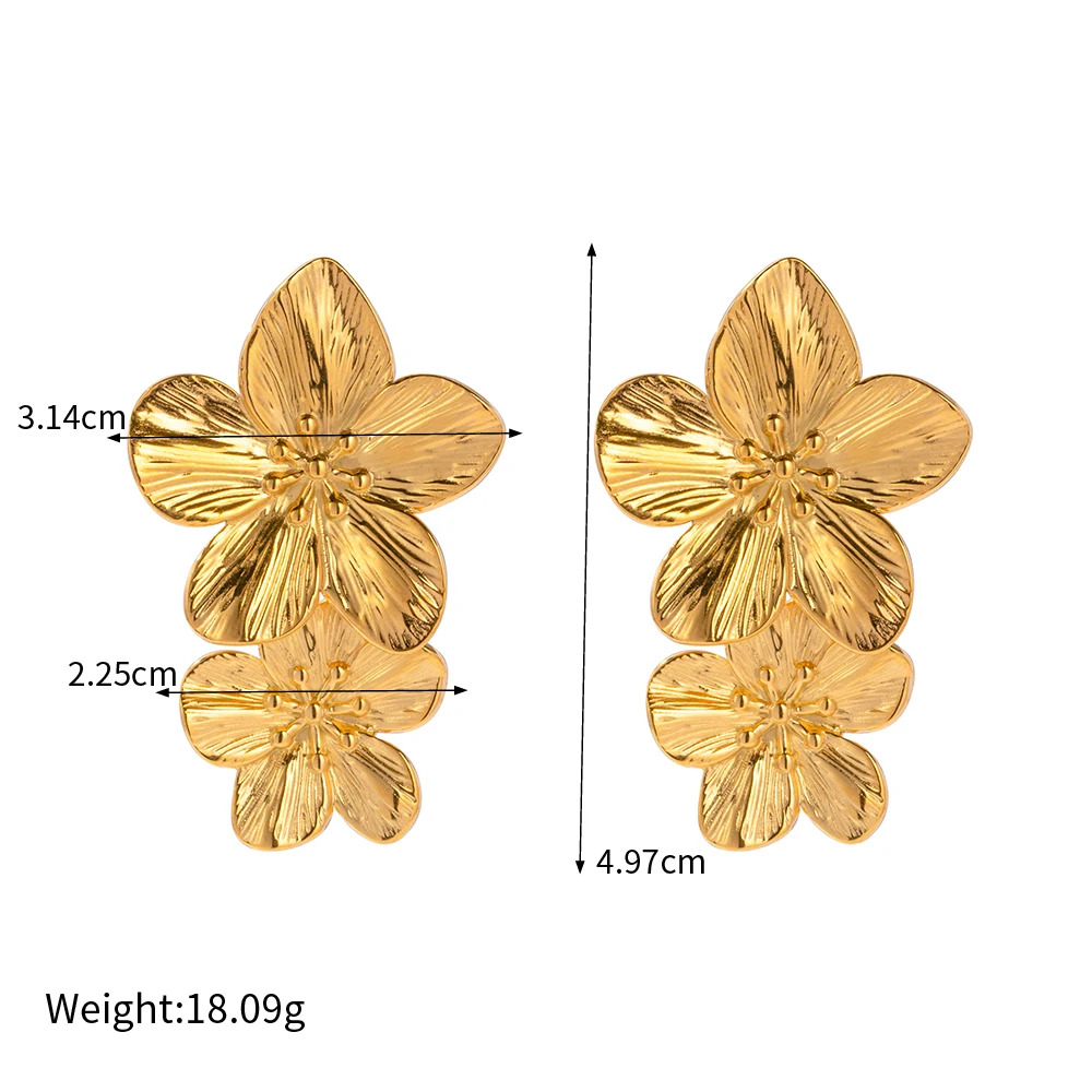 Tarnish Free Vintage 18K Gold Plated Stainless Steel Flower Drop Earrings Metal Waterproof Statement Stylish Exaggerated