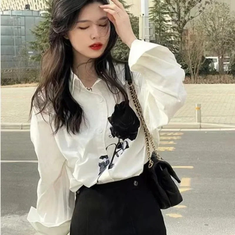 DAYIFUN Lady Black Rose Embroidered Shirt Summer/Autumn Long Sleeve White Solid Color Lapel Blouses Women's Temperament Clothing image 2