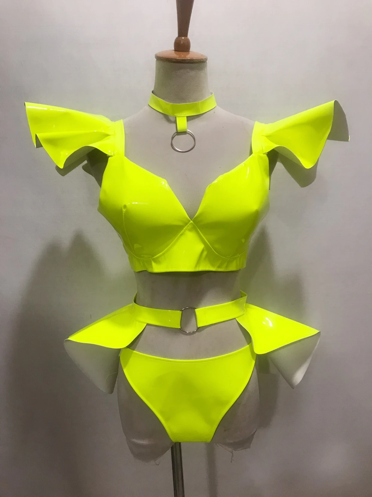 Nightclub Bar Gogo Singer Dance Team Stage Performance Costume Fluorescent Yellow Green Lacquer Leather Bikini Skirt Set Pink