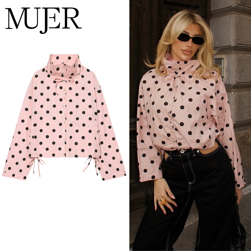 MUJER Polka Dot Bomberjacken für Damen, Reißverschluss, lässige Varsity-Jacken, Damen-Sommerjacken, lockere Damenmäntel, langärmlige Oberbekleidung