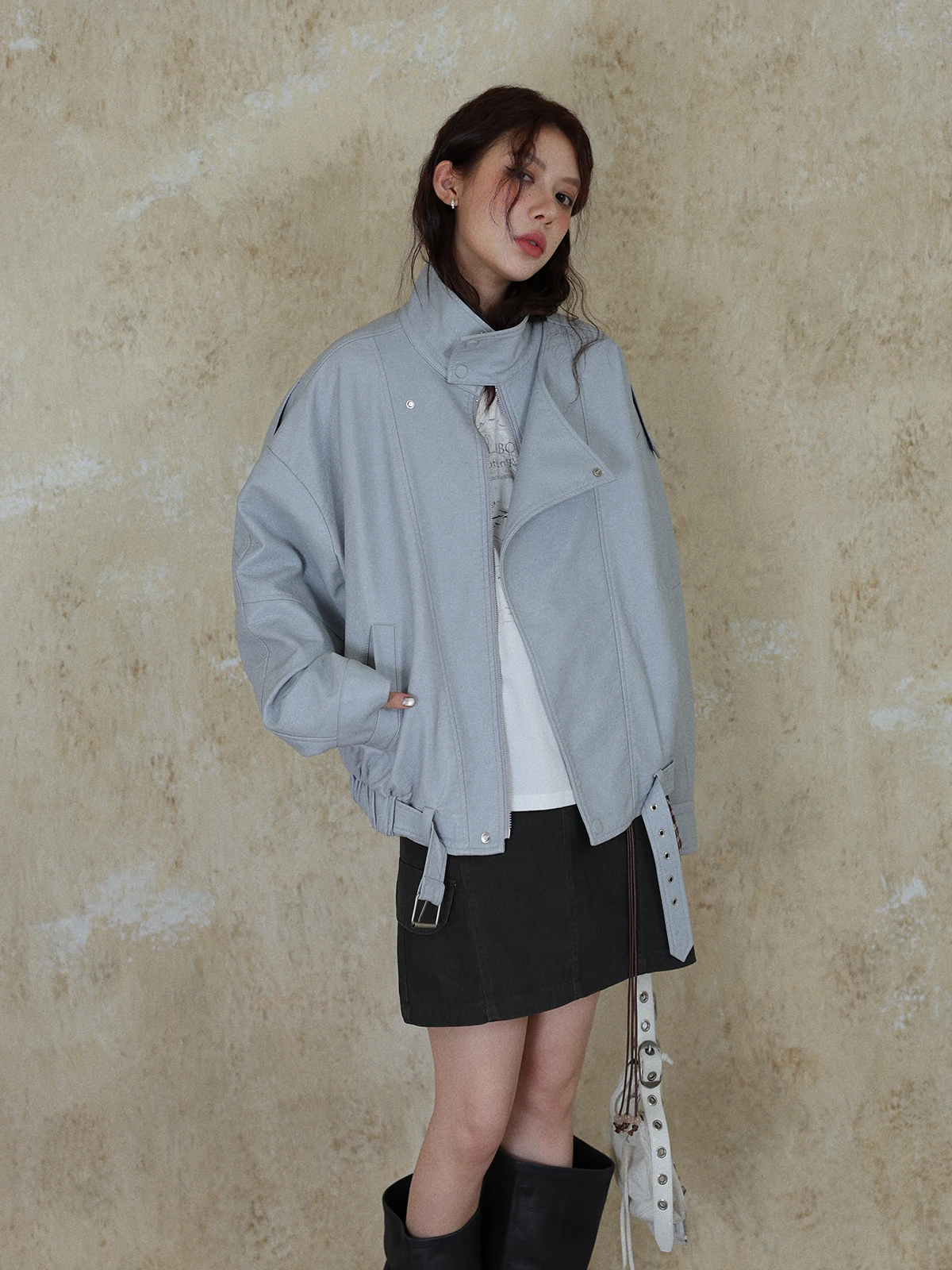 

DR Cus Dyed Fog Blue Flower Bud Hem Design Loose Motorcycle Jaet Women's Spring Stand Collar Jaet Zipper Closure Long ...