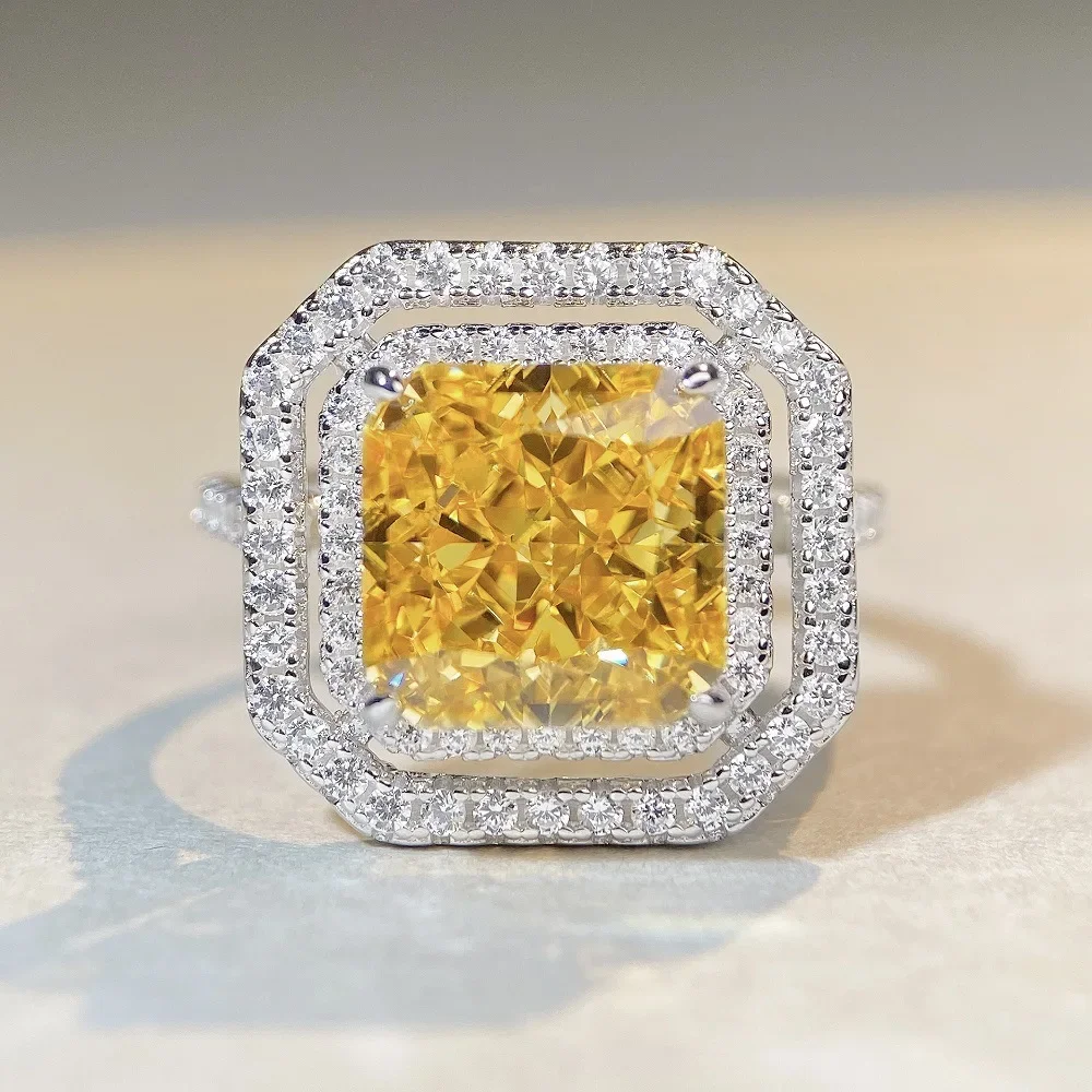 Briex Jewelry Luxury Solid Platinum PT950 Women's 5 karat Yellow Diamond Square Full Diamond Ring Raydean Cut Diamond Ring