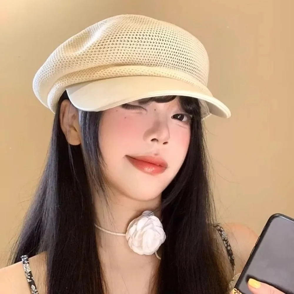

Casual Korean Hollow Knitted Beret Y2k Thin Painter Berets Versatile Breathable Beanie Cap Summer and Autumn