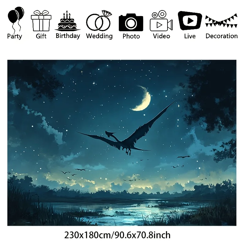 نسيج الزواحف الليلية النابضة بالحياة - تصميم الزواحف المجنحة الساحرة مع اكتمال القمر والنجوم، مثالي لديكور المنزل والحفلات،