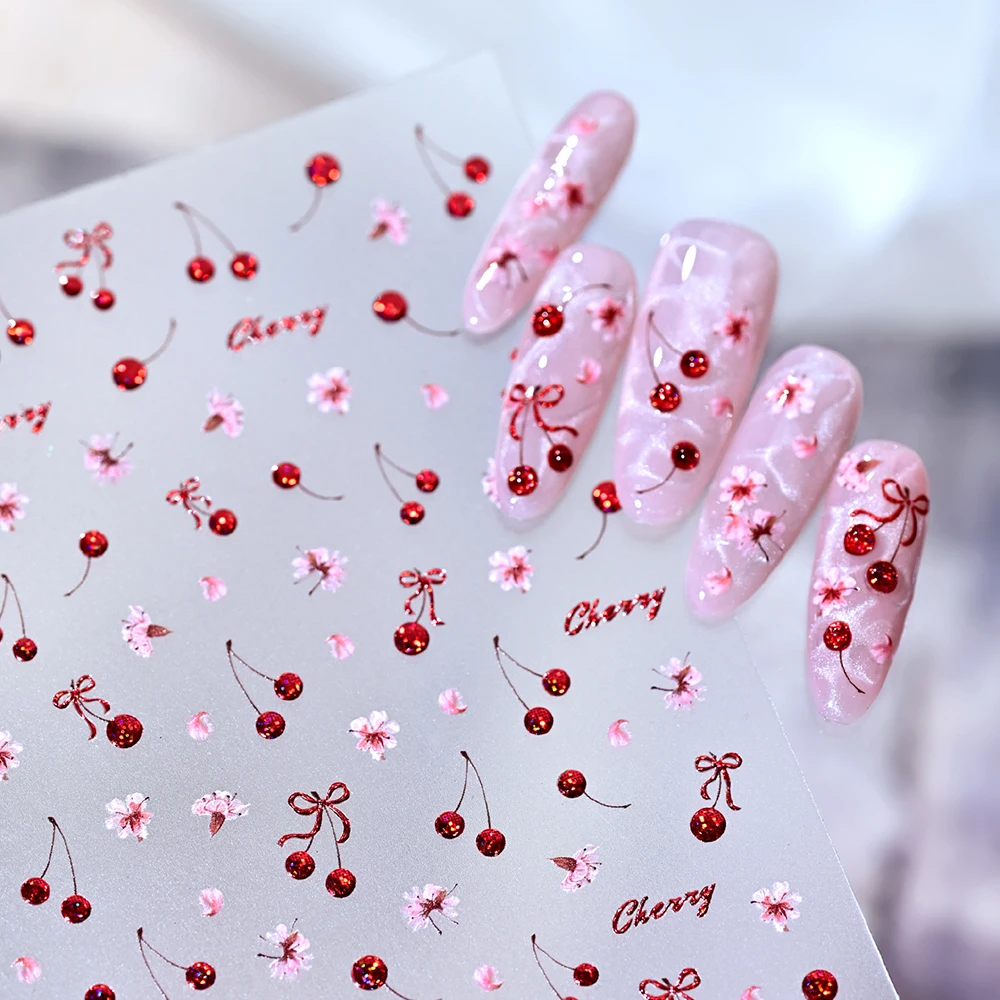 1Pcs 5D Glitter Jelly Red Cherry Nail Sticker Pink Cherry Blossoms Fruit Cherries Bow Nail Decals Summer Cute Manicure Decoratio 6