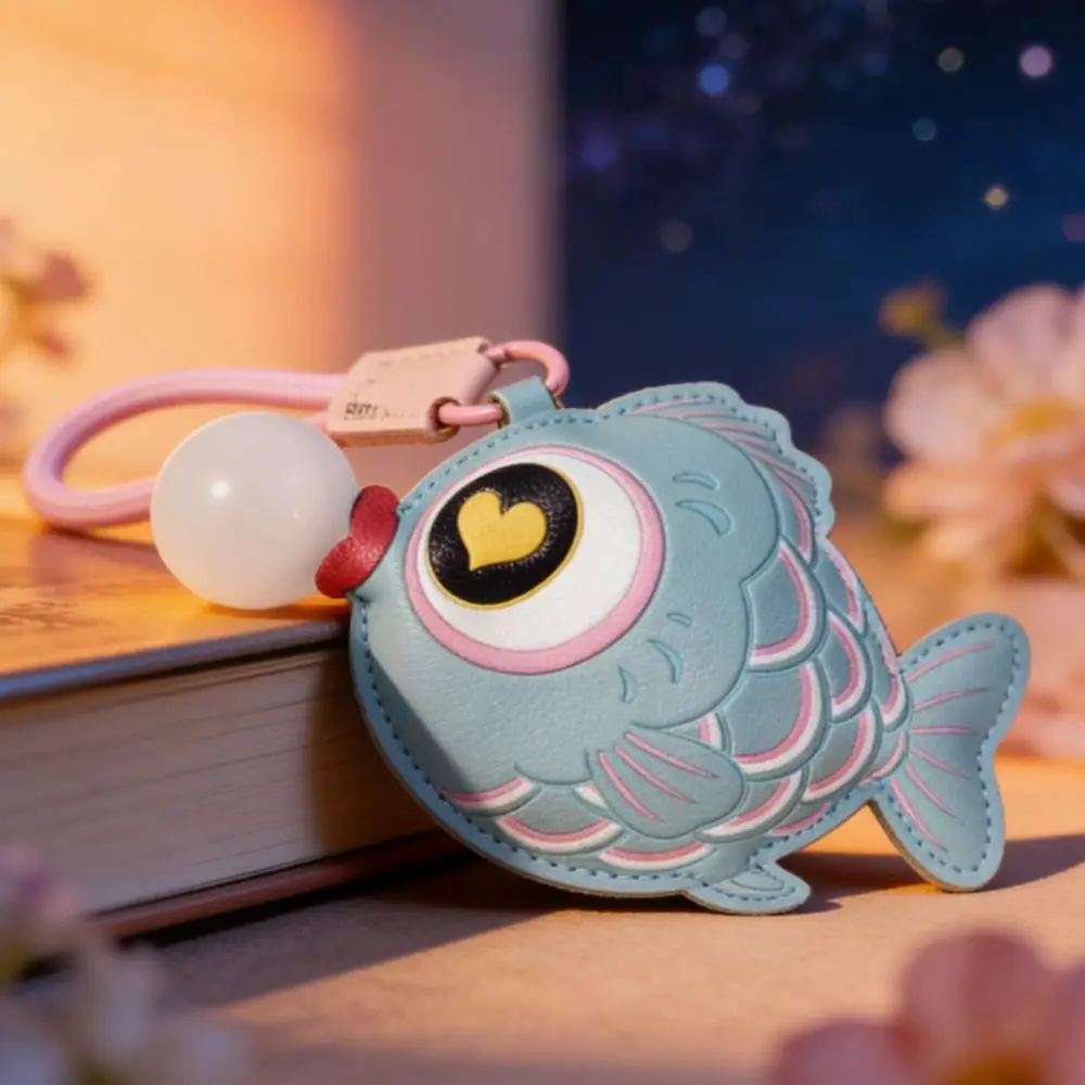 Cute Pinch Squeeze Bubble Blowing Fish Keychain Stress Relief Car Key Keyring Bag Pendant PU Leather Backpack Charm Accessories
