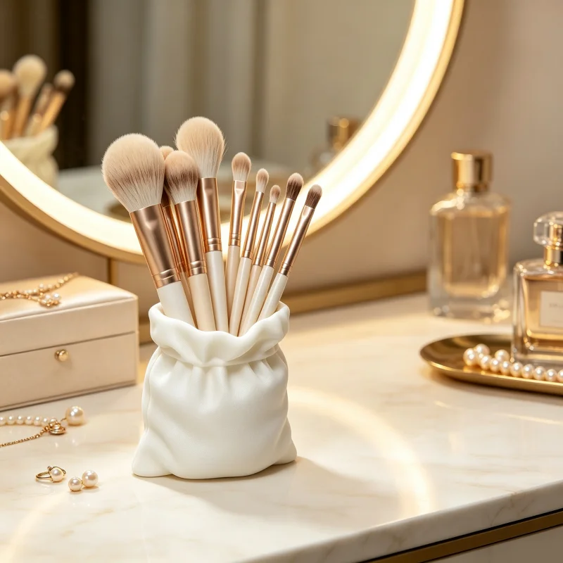 Creative Bag-Shaped Makeup Brush Holder, Matte White Plastic Makeup Brush Organizer, French Minimalist Style Bag-Shaped Makeup Brush Display Stand with Soft Texture and Pleated Design, Makeup Brush Storage Container, Modern Light Luxury Desktop Organizer, Space-Saving Dressing Table Accessory, Practical Birthday Gift for Girls, Popular Storage Item