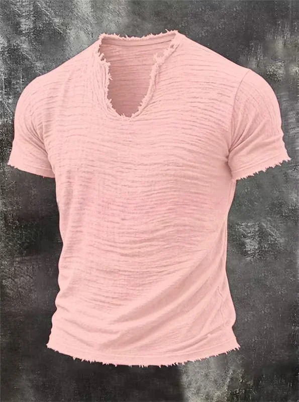 Herren-T-Shirt mit ausgefranstem V-Ausschnitt und kurzen Ärmeln, faltige Textur, 100 % Baumwolle, minimalistische, lässige, einfarbige T-Shirts für den täglichen Gebrauch – Detail 8
