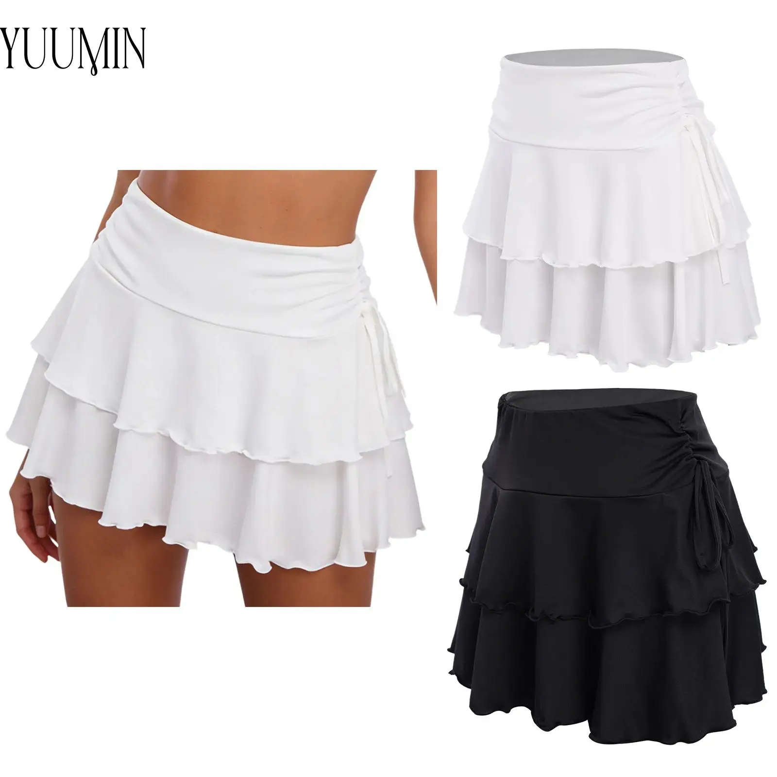 Womens Tiered Ruffled Tennis Golf Skirt Bowknots Ruched Elastic Waistband Skirts for Musical Festival Club Party Travel Weekend