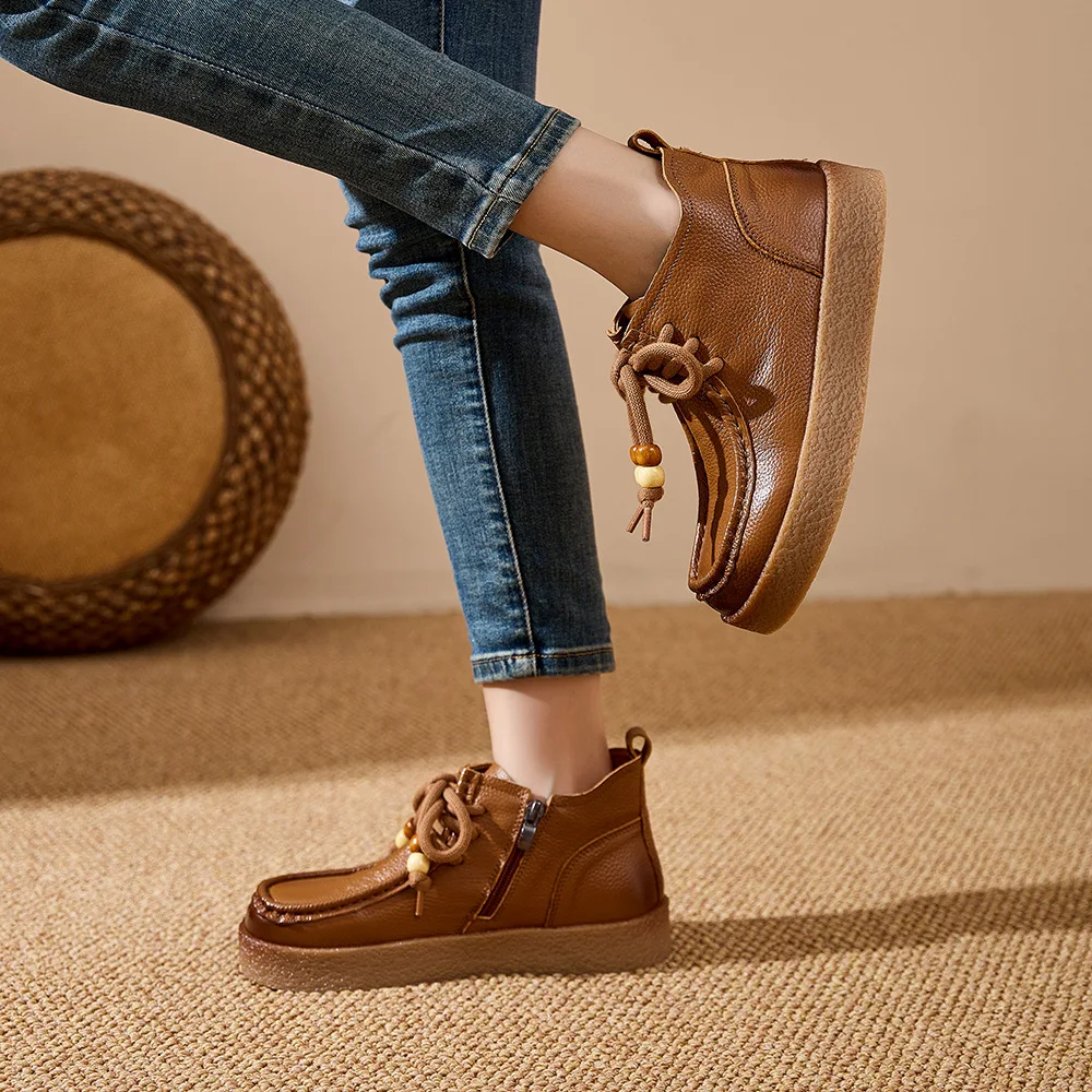 Neue Echtleder-Schnürstiefeletten für Damen, Klassische Perlen-Bootsschuhe, Damen-Reißverschluss-Stiefeletten, Weiche Casual-Booties, Bequeme Urlaubsstiefel – Detail 8