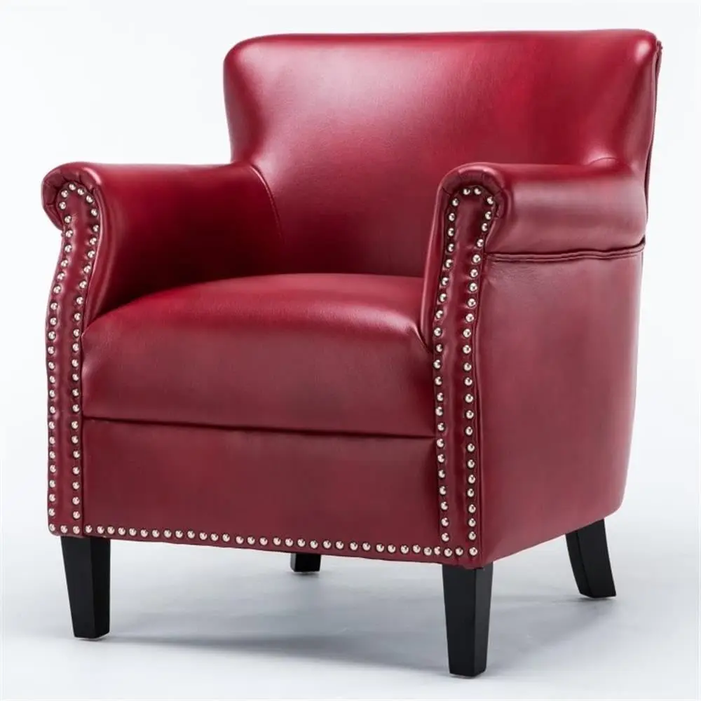 Red Faux Leather Club Chair, Nailhead Trim, Wood Legs, No Sag Springs, High Density Foam, Living Room Accent Seating, Customized