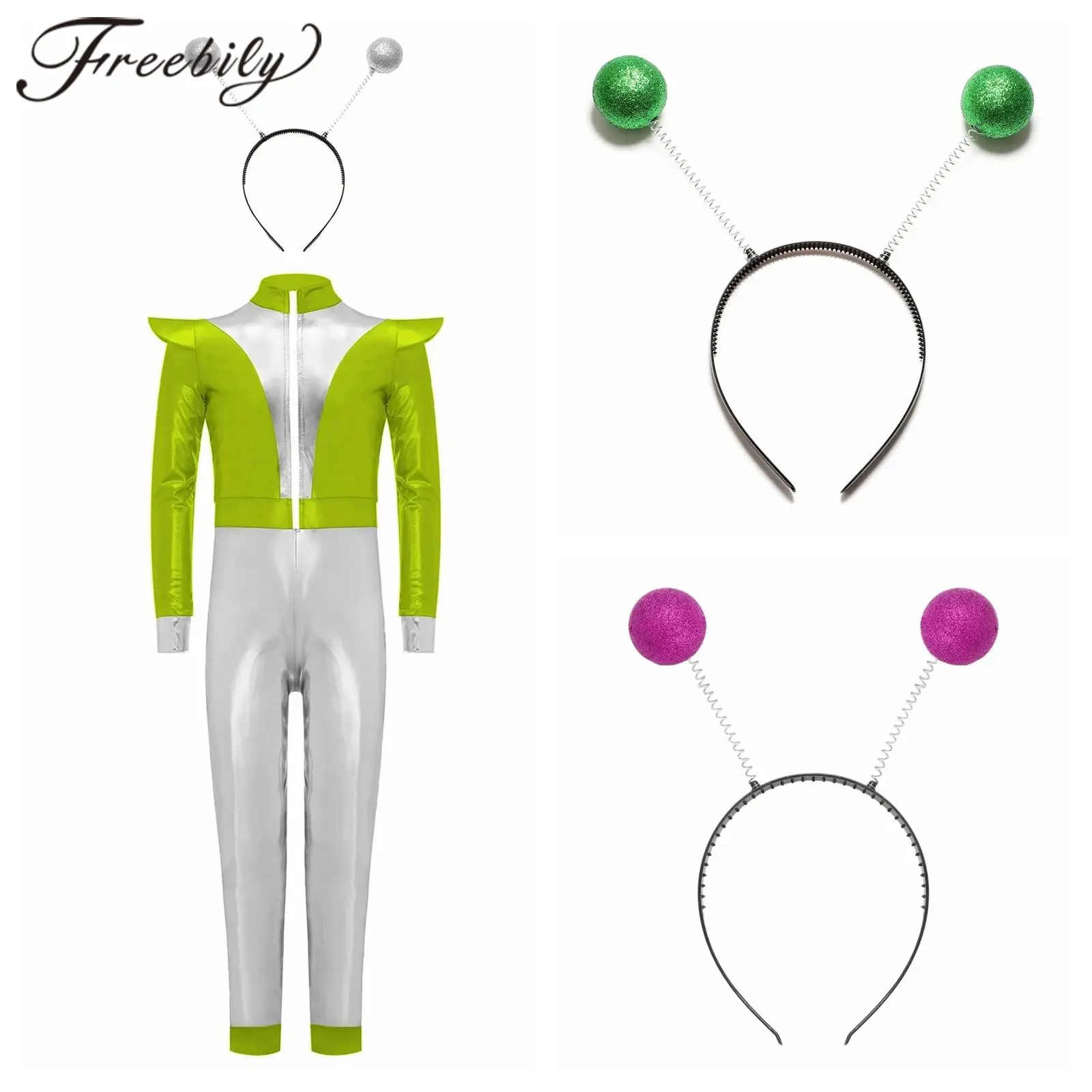 Carnival Children Fancy Outfit Kids Girls Outer Space Robot Alien Costume Metallic Jumpsuit Cosplay Halloween Costume Bodysuit #1