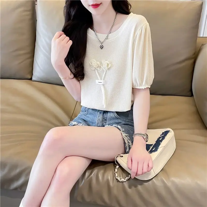 Zomer Casual Dagelijks Dames T-shirt met korte mouwen Bloemenapplicaties Effen T-shirt Dames Elegant T-shirt Korte pofmouwen T-shirts
