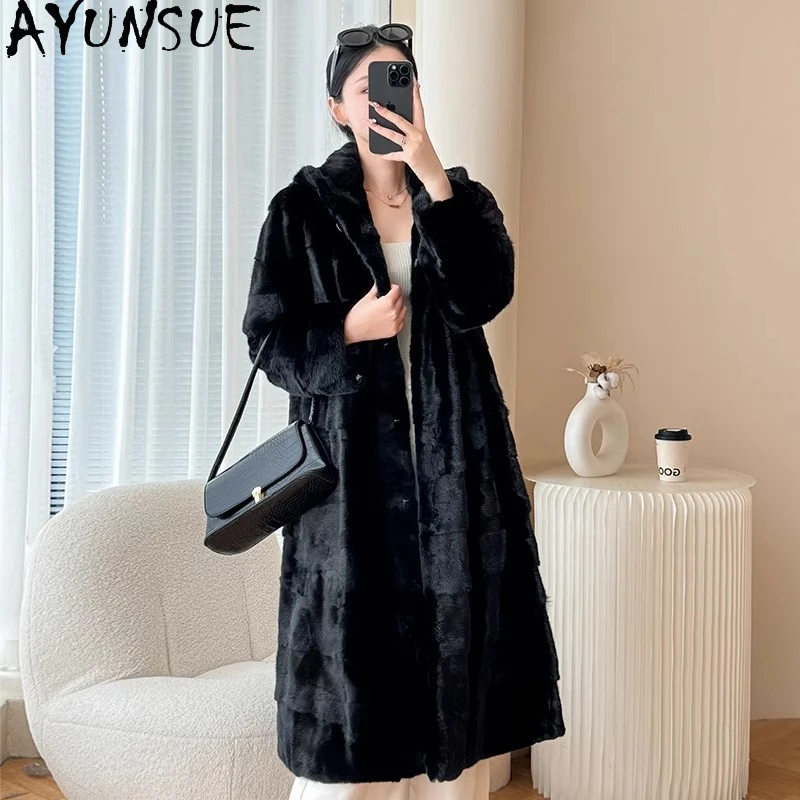 AYUNSUE معطف فرو المنك امرأة معطف الفرو الأسود 2025 معاطف الشتاء الجديدة للمرأة ملابس عصرية فاخرة للمرأة Pelzmantel Damen
