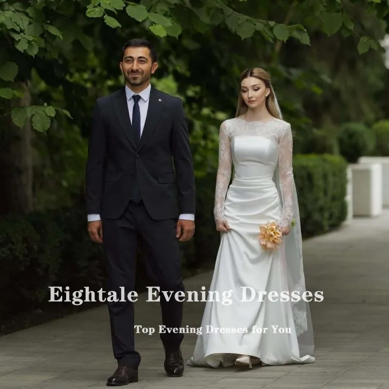 فساتين زفاف عربية Eightale رقبة دائرية دانتيل مخصصة من الساتان بأكمام طويلة عاجية حورية البحر زي العرائس Vestidos De Novia