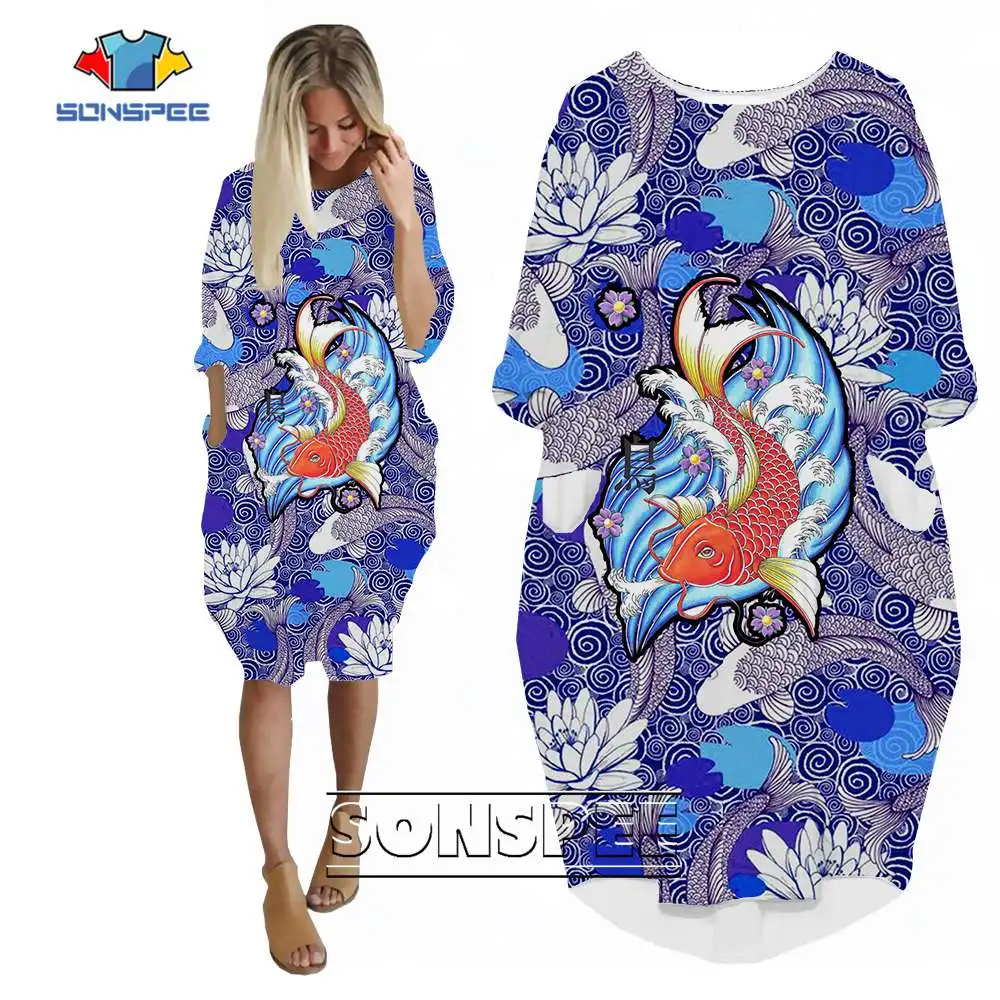 

SONSPEE 3D Koi Fish Image PrintedDress Long Sleeve Animal Print Harajuku Pocket Skirt Female fish Dropshipping Robe Dresses