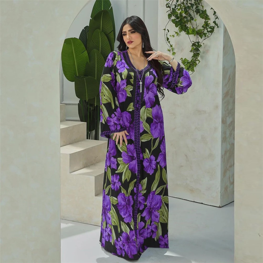 

Eid Muslim Jalabiya Dress for Women Print Abaya Morocco Party Dresses Woman Ramadan Dubai Kaftan Robe Longue Vestidos Largos