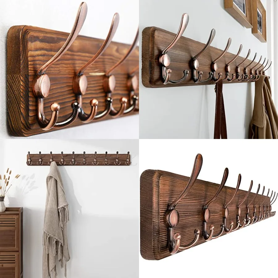 

Coat Rack Wall Mounted - 38.6" Long, Wooden, Heavy Duty, Rustic Coat Hooks for Wall, Coat Rack with 10 Triple Hooks for Hanging