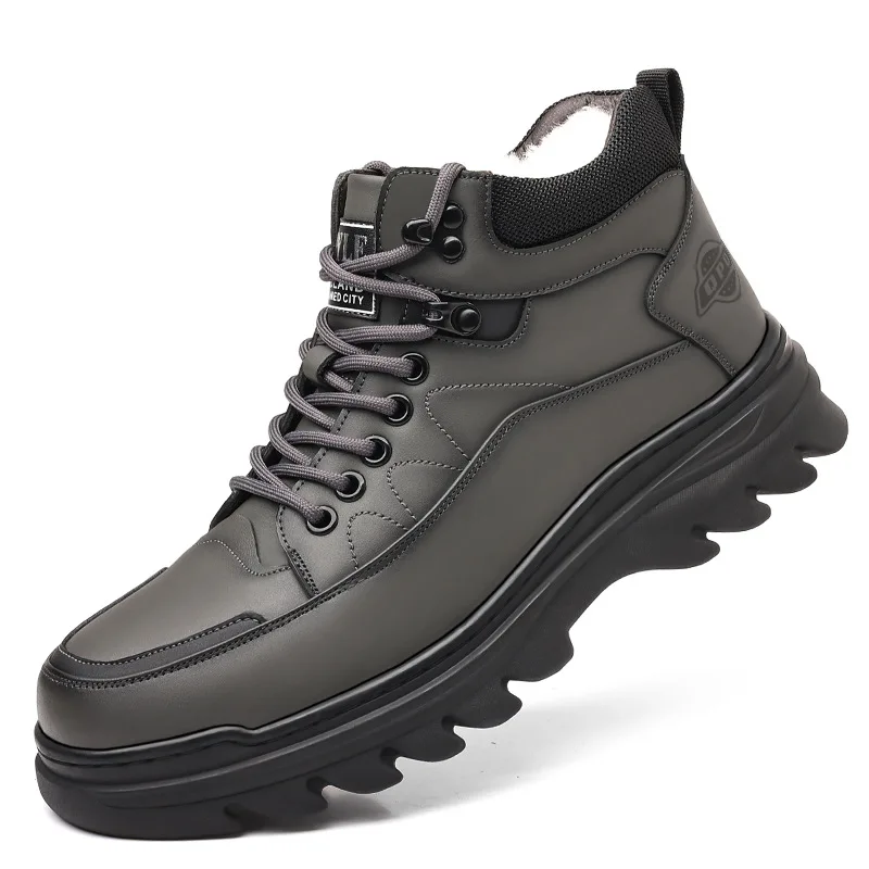 Men's Casual Leather Boots Top Layer Cowhide Winter Fleece Warm Snow Boots Outdoor High Rise Cotton Boots for Cold Weather
