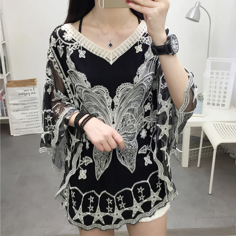 New Spring Summer Embroidery Lace Blouse Flare Sleeve Hollow Out Women Shirt O-Collar Casual Female Tops Ladies Clothing 25897