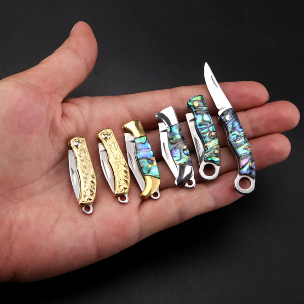 Mini Folding Pocket Knife Keychain, Natural Abalone Shell & Engraved Brass Handle, Tiny Stainless Steel Blade EDC Unboxing Cutte
