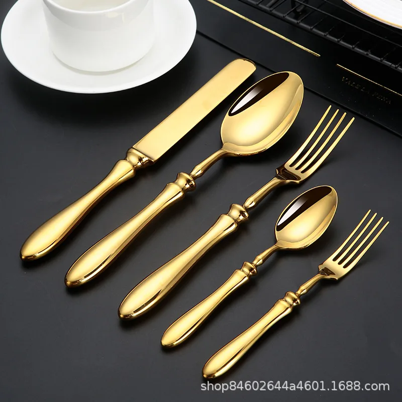 

5PCS Upscale thickened oval handle western tableware 304 stainless steel knife, fork, spoon and shell spoon natural color gold.