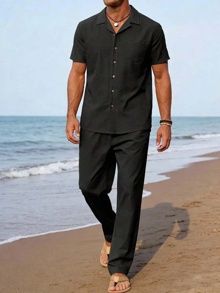 

Mens Casual Beachwear Set: Button-Down Shirt And Pants