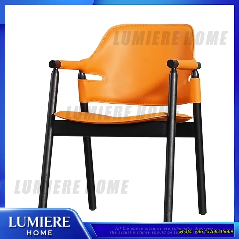Luxury Simple Saddle Leather Dining Chair with Armrest Solid Wood Backrest for Living Room Study Hotel Restaurant Use Modern