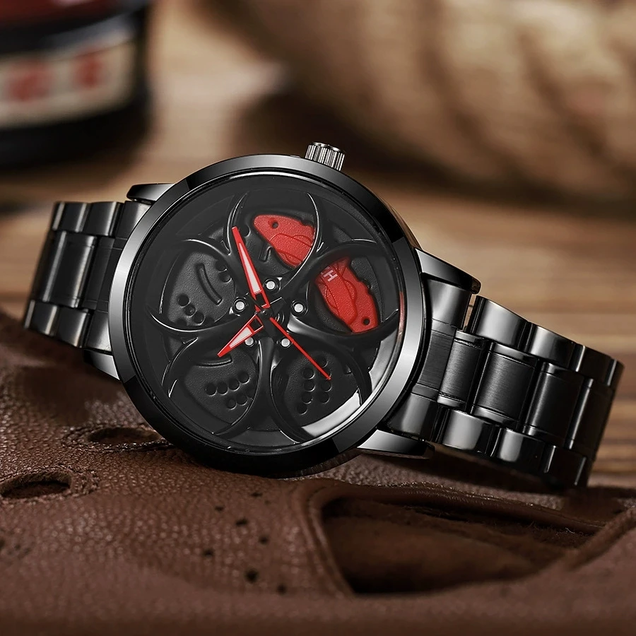 New Fashion Man Rotate Watches Men Big Car Wheel Hub Stainless Steel Quartz Watch Mens Military Sports Hollow Watch Reloj Hombre