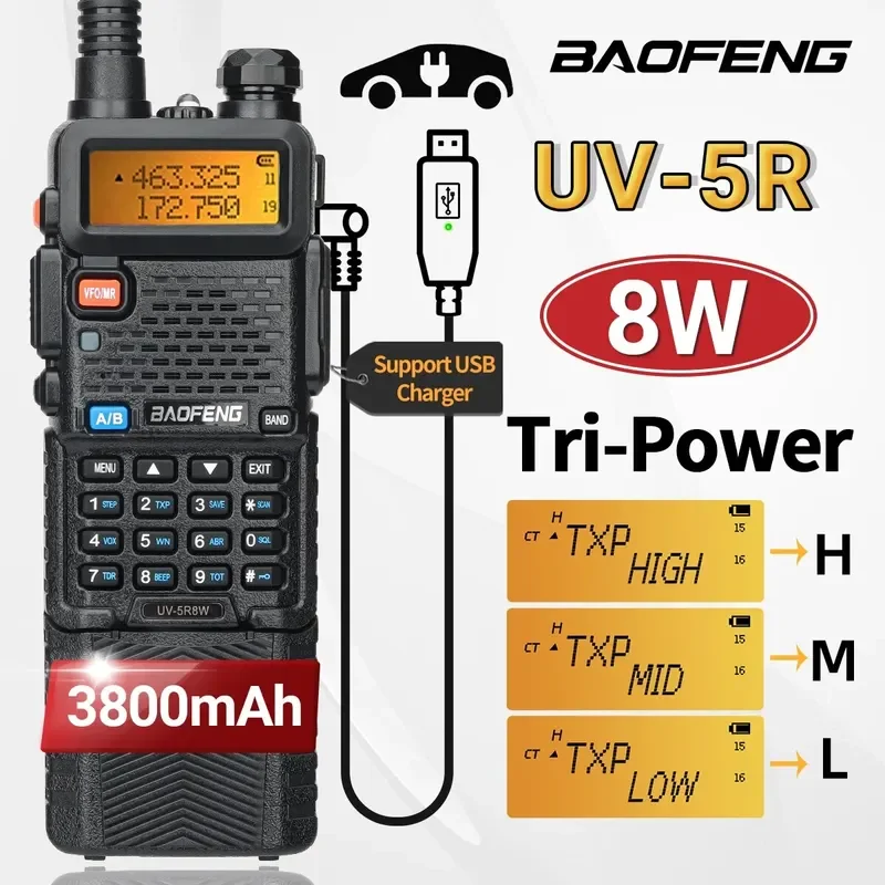 

Портативная рация Baofeng UV 5R, 8 Вт, 3800 мАч, зарядное устройство с большим радиусом действия, UHF, VHF, двухдиапазонный трансивер, портативное Любительское радио для UV K5