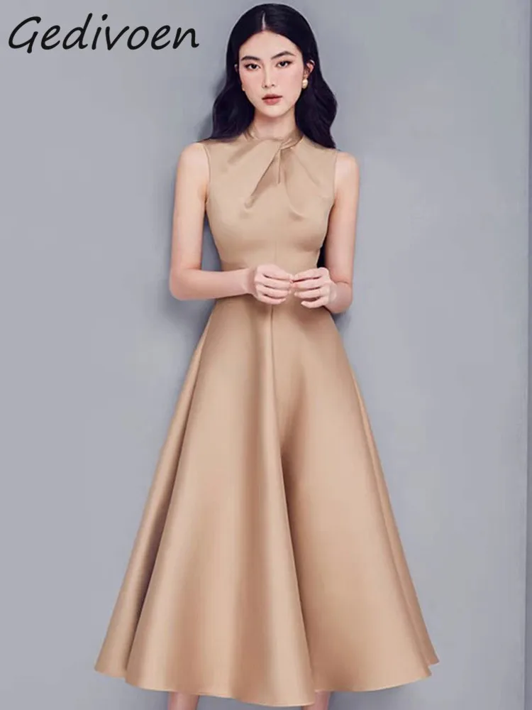 Gedivoen Autumn Fashion Runway Khaki Vintage Tank Dress Women O Neck Sleeveless Pleated High Waist Slim Holiday Party Long Dress