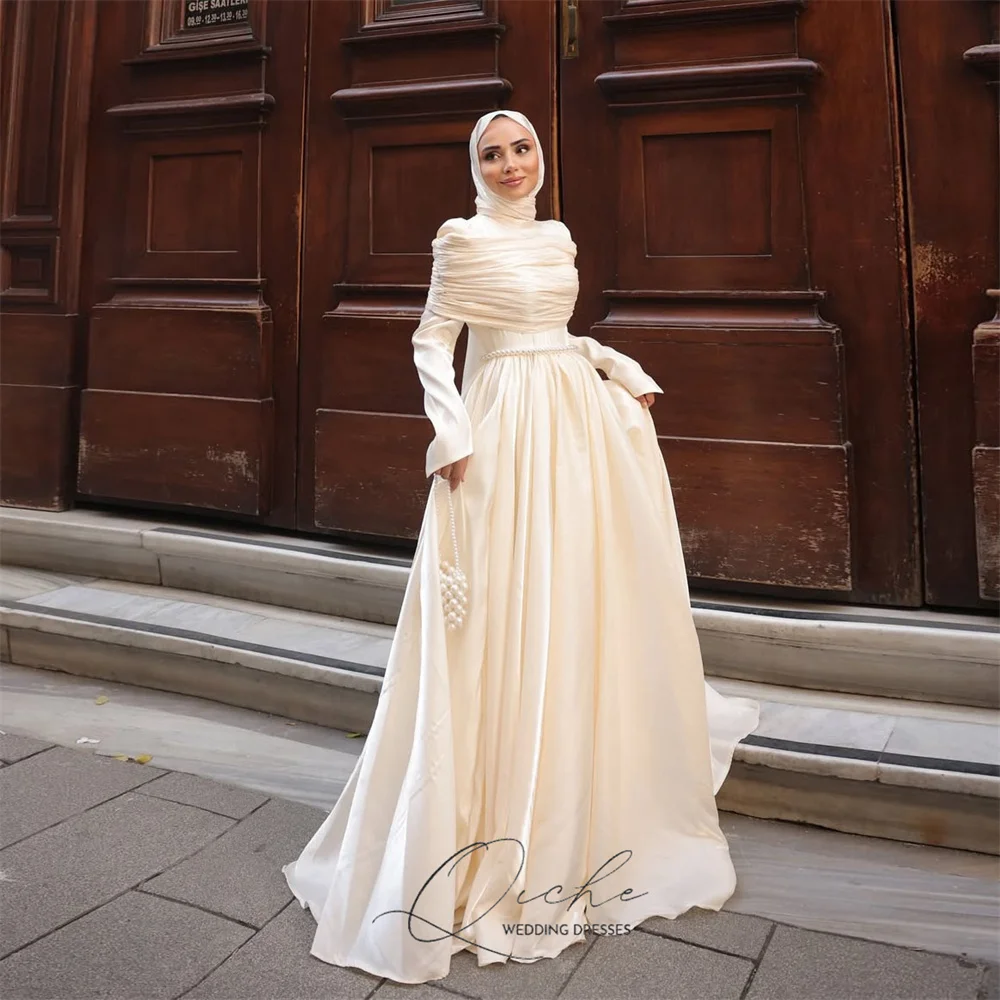 QICHE Bescheiden Moslim A-lijn Trouwjurken Vrouwen 2026 Plooi Lange Mouwen Satijn Parels Party Gown Vestidos De Novia Aangepaste