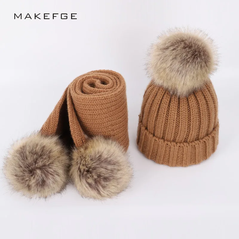 kid\'s Hat Scarf Children\'s Single Wool Ball Knit Hat Scarf Set Boys Girls Thickened Large Wool Ball Ear Protection Hat Set