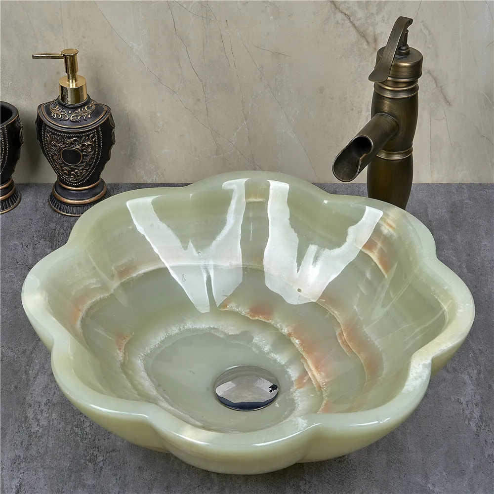 %r Wholesale Modern Luxury Flower Shape Green Onyx Polished Bathroom Vessel Sink Natural Marble Stone for Hotel & Villa Use